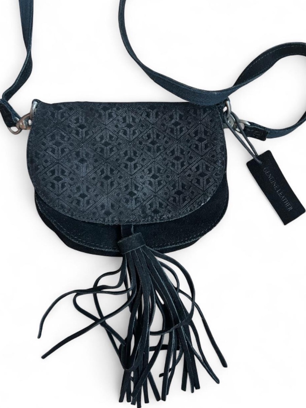 Vintage Black Fringe Crossbody Bag - Genuine Leather